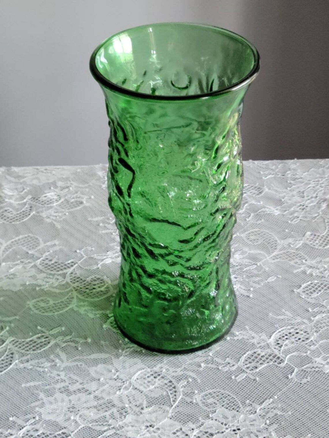 Vintage Green Glass Vase, Vintage Emerald Green EO Brody Large Crinkled