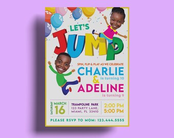 Birthday Party Invitation Cards | Jump Trampoline Park Birthday Party Invitation | Two Kids Sibling Dual Twin Invite