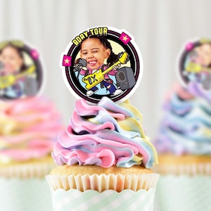 Pegatina personalizada de cara de estrella de rock, foto personalizada, adorno para cupcakes de rock, decoración de cumpleaños, etiqueta de recuerdo para fiesta de cumpleaños musical, pegatina con foto de banda de rock