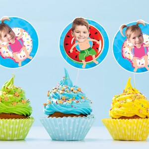 Benutzerdefinierte Pool-Party Gesicht Foto Aufkleber für Zwillinge Sommer personalisierte Geburtstagsfeier Cupcake Topper Pool Party Etiketten Digital oder gedruckt