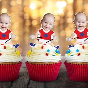Adorno de petardo personalizado para bebé, pegatina de cara roja, blanca y azul, para bebé niño, 4 de julio, primer cumpleaños, decoración patriótica para cupcakes.