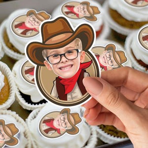 Personalisierte Wilder Westen Aufkleber mit Foto zum ausdrucken Cowboy Cupcake Topper Wilder Westen Party Favor Tags Decor Digitaler oder gedruckter Cowboy Aufkleber