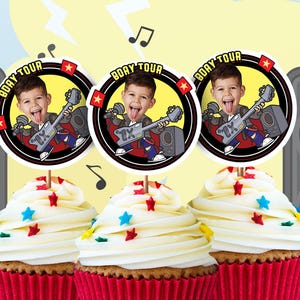 Personalisierter Rockstar Gesicht Aufkleber Kundenspezifisches Foto-Rock-Cupcake-Topper-Geburtstagsdeko-Musik-Geburtstags-Gastgeschenke Etikett Rockband-Foto-Aufkleber