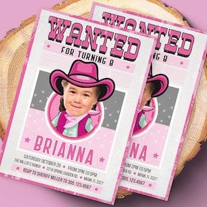 Custom Girly Cowgirl Birthday Invitation Custom Face Photo Pink Western Party Digital Download Personalized Wanted Birthday Celebration Card