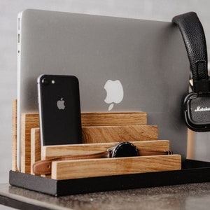 Houten bureau-organizers | Documentenrek | Zwart metalen dienblad | Thuiskantoor | Massief eikenhout | Accessoires voor bureau | Rustieke organisatoren