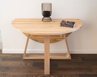 Round Oak Dining Table Drop Leaf | Space Saving Solid Wood | Scandinavian Kitchen Table | SLICE SLIMMY