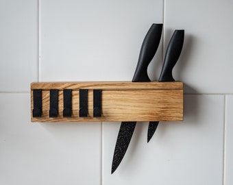Knife holder with black powder-coated hooks | 30 cm length | Rustic kitchen accessories | Place for knives | Wall-mounted knife holder