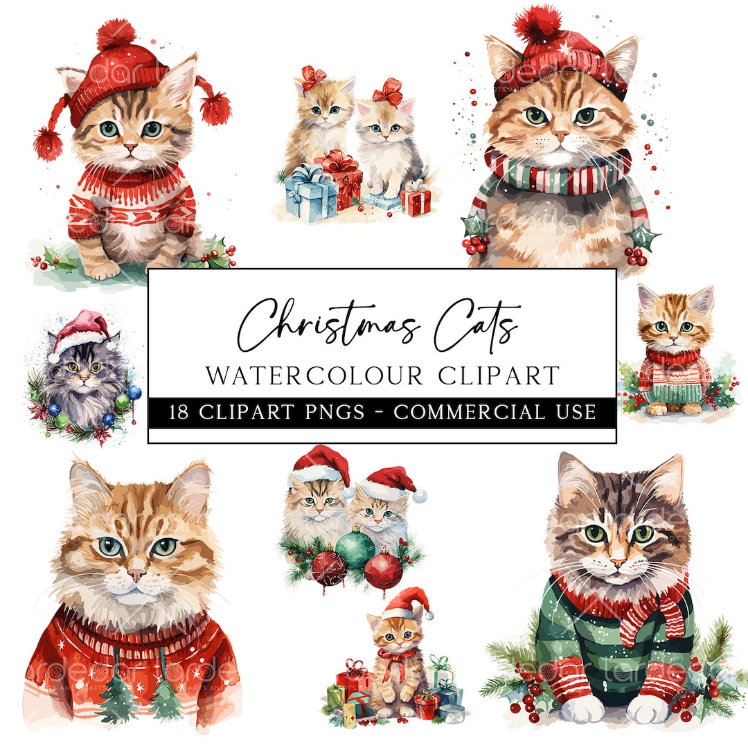 Christmas Cat Clipart Bundle | 18 Watercolour Festive Pngs for ...