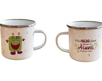 Enamel cups with monster and saying