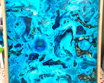 Mixed media blue Resin art on a wooden board