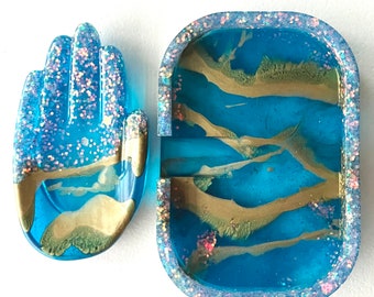 Handmade resin soap dish and trinket hand set