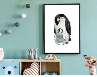 BABY PENGUIN ART, Printable for Girl's Room, Penguin Nursery Wall Decor, Penguin Nursery Art, Penguin Wall Art, Cute Penguin Digital Art