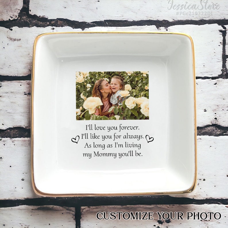 Personalized Mom Jewelry Dish, Custom Photo Trinket Tray, Mother of the Bride Gift from Daughter Line Square Dish