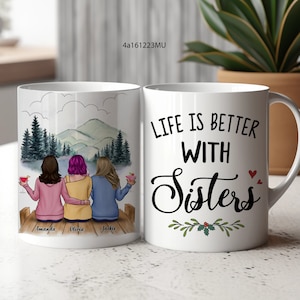 A vida é melhor com irmãs - Caneca com retrato personalizada - Caneca de café personalizada para melhor amiga - Presentes de aniversário para irmãs - Presentes de amizade