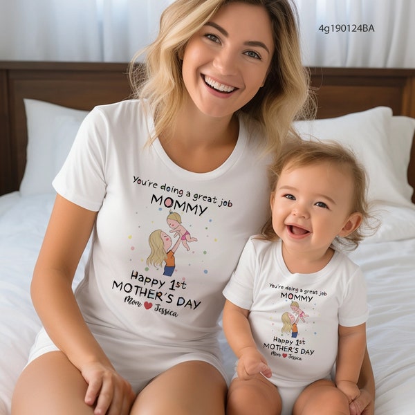 You're Doing A Great Job Mom-Happy 1st Mother's Day-Custom Portrait Baby Onesies-Personalized Baby Bodysuit-Matching Outfit For Mom And Baby