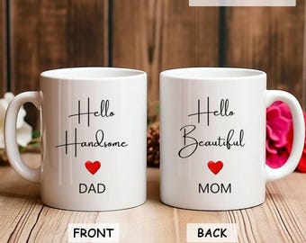 Personalized Mom and Dad Mug Set, Hello Handsome & Beautiful Coffee Cup