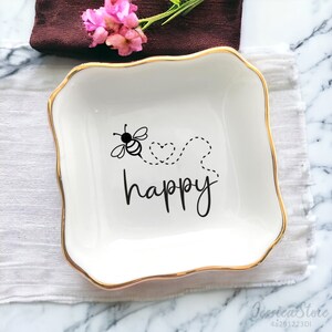Plato para anillos "Abeja Feliz" - Plato para joyas con forma de abejorro - Regalo personalizado para hija de mamá - Regalos de cumpleaños para amigas - Día de la Madre - Regalos motivacionales