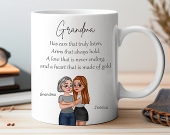 Personalized Grandma & Granddaughter Portrait Mug, Has Ears That Truly Listen, Christmas Gifts from Grandkids
