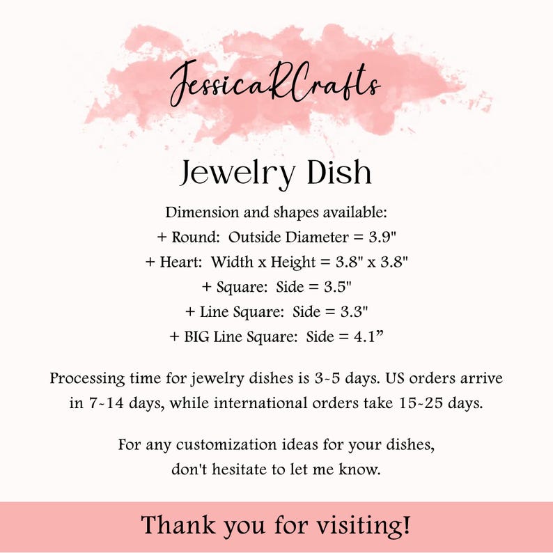 Puede incluir: Un gr&aacute;fico rosa y blanco con el texto "Jessica RCrafts Jewelry Dish" y detalles sobre los diferentes tama&ntilde;os y formas disponibles para la bandeja de joyer&iacute;a. El texto tambi&eacute;n incluye informaci&oacute;n sobre el tiempo de procesamiento y el env&iacute;o.