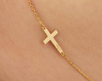 Cross Necklace · Sideway Cross Necklace · Gold, Rose Gold, White Gold Personalized Cross Necklace · Engraved Cross Necklace · Gift for Mom
