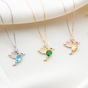 Personalized Hummingbird Necklace: Sterling Silver Chakra Gemstone Bird Pendant