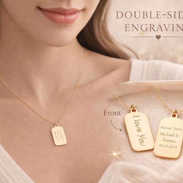 Personalized Engraved Tag Necklace Double Sided Custom Name Date Message Jewelry Gift Minimalist