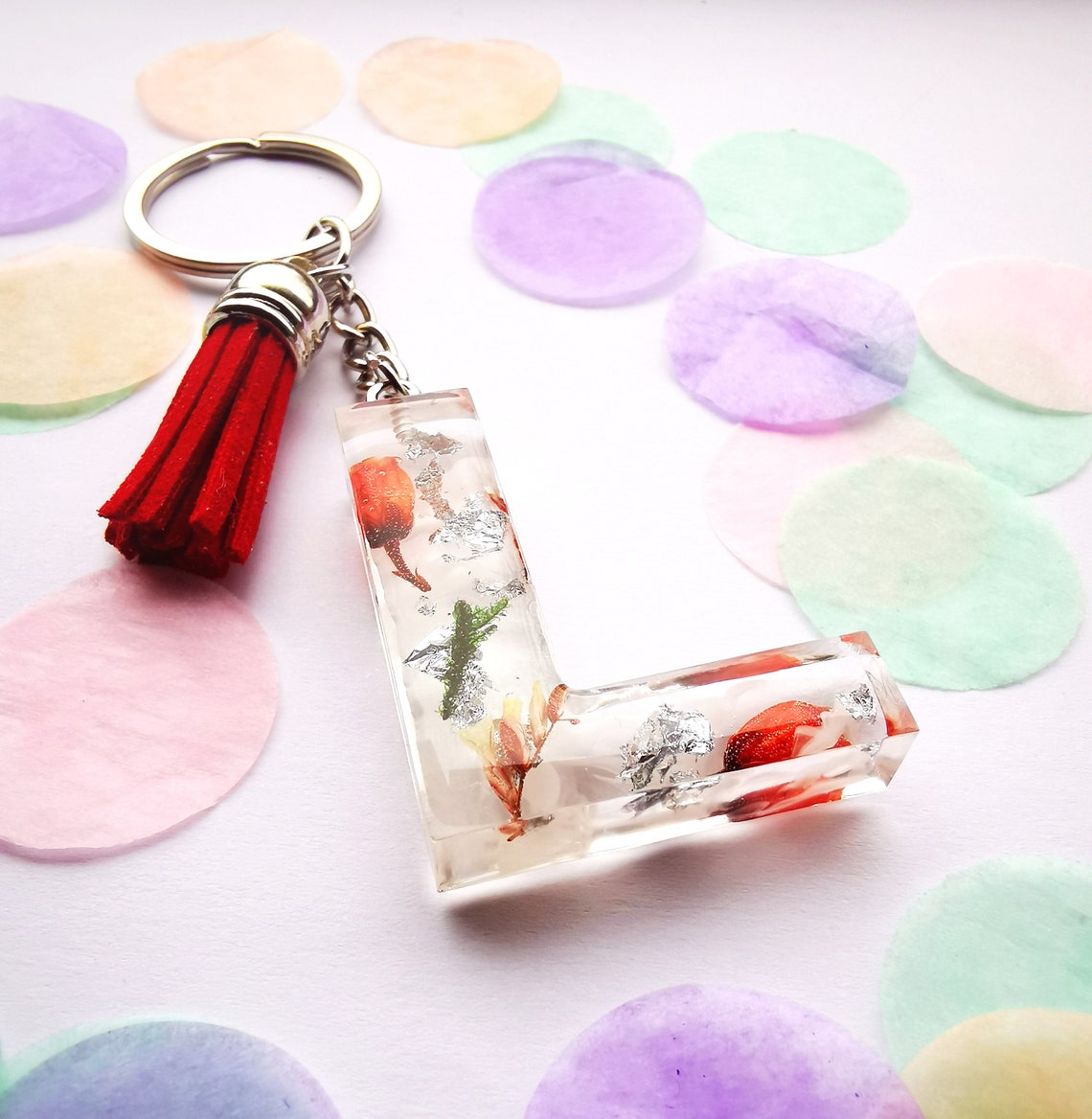 Epoxy keychain with real flowers and gold leaf Etsy
