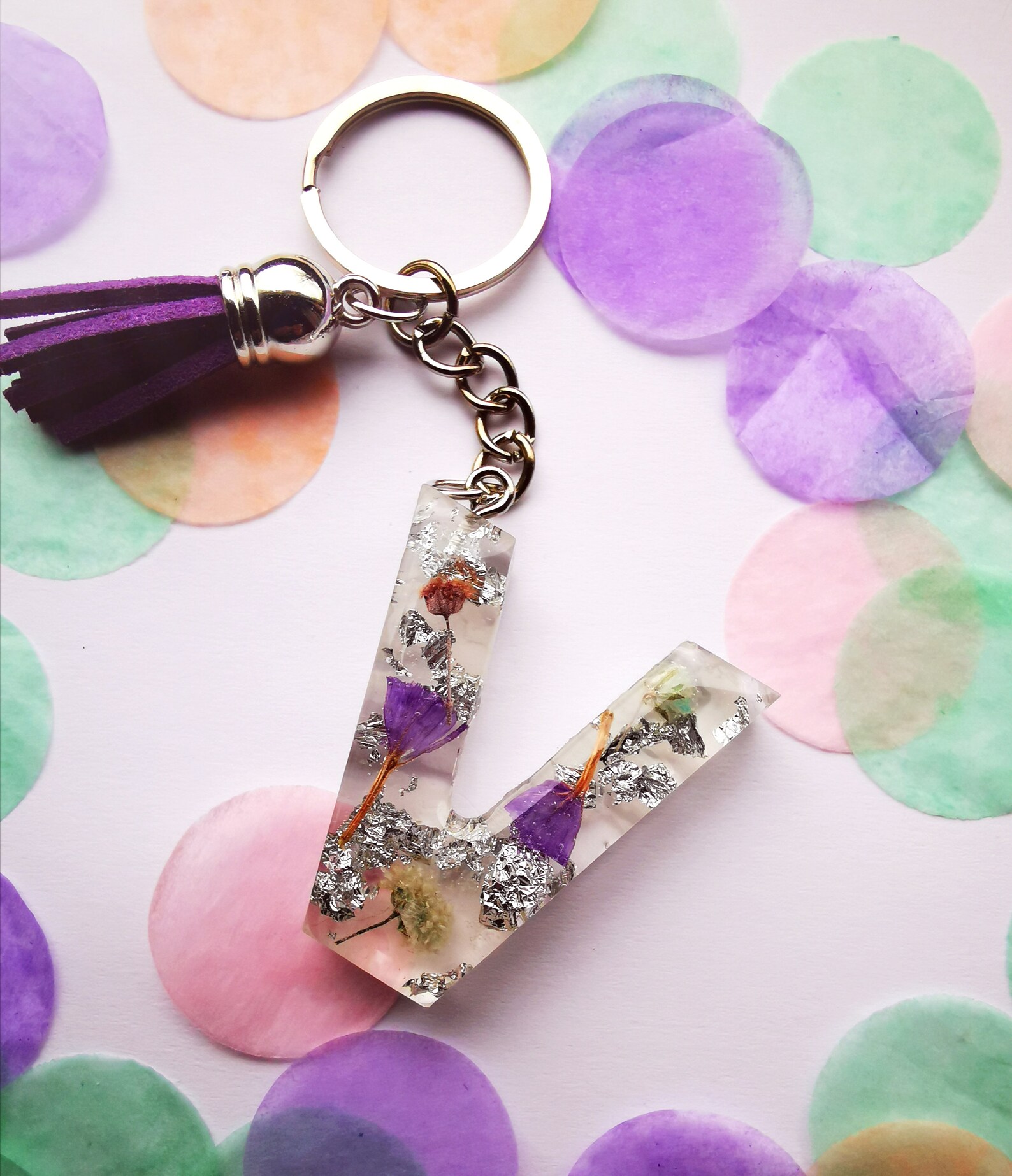 Epoxy keychain with real flowers and gold leaf Etsy