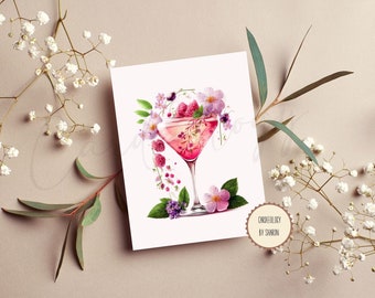 Floral Cocktail Greeting Cards - Set of 5, Stationery, Notecards, Greeting Card Assortment, BLANK Inside
