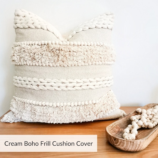 Handwoven Boho Pillow Cover | Cream Ivory Bohemian Frill Cushion Case | Throw Pillow Case | Off-White Pillow Case For Living Room & Bedroom