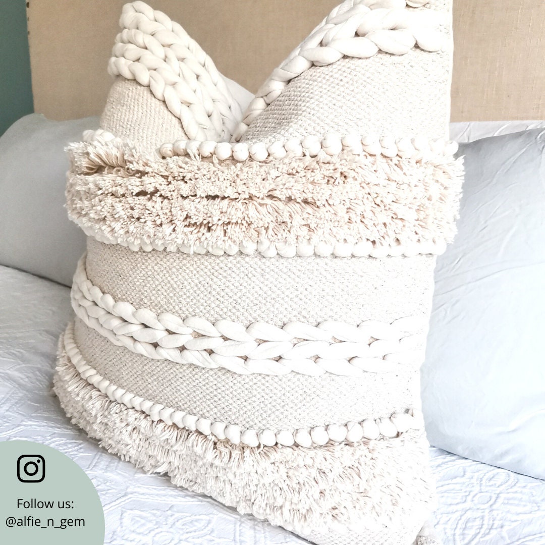 Handwoven Boho Pillow Cover White Ivory Bohemian Frill Etsy