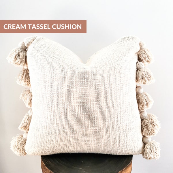 Cream Cushion Cover | Tassel Throw Pillow Case | Boho 20x20 Cotton Pillow Cover | Ivory and RustDecorative Pillows For Living Room & Bedroom