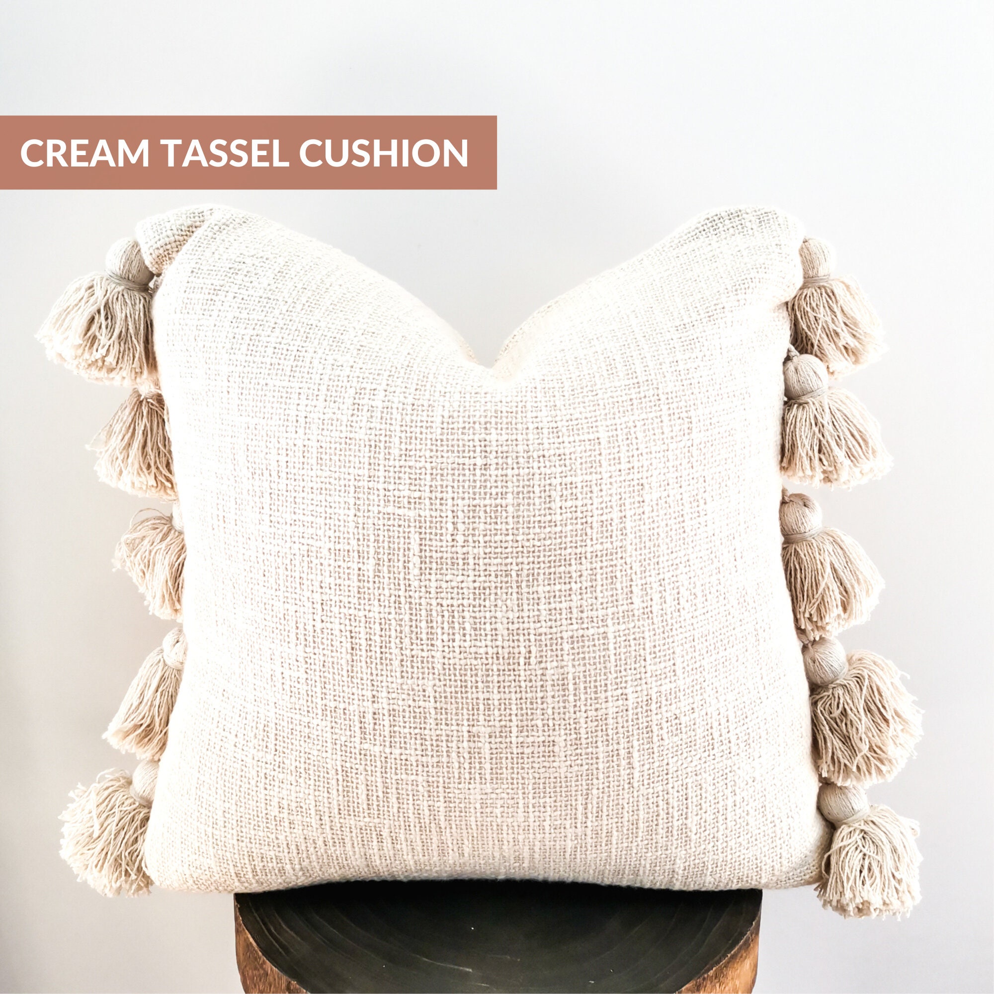 Cream Cushion Cover Tassel Throw Pillow Case Boho 20x20 Cotton