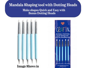 May include: Set of six blue and silver dotting tools for mandala painting. The tools are shown in and out of their packaging. The packaging is blue and white with the text "CRAFTN Mandala Painting Acrylic Dotting tools with Clay Moulding tools".