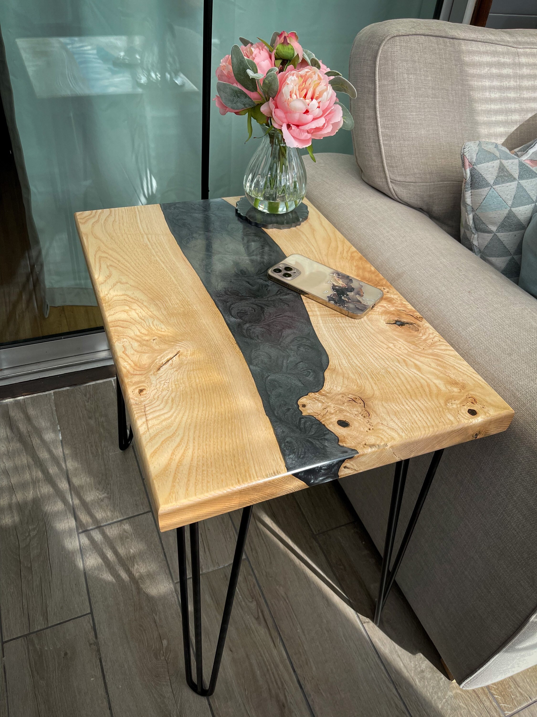 River Side Table Made With Ash Wood and Grey River Resin / River 