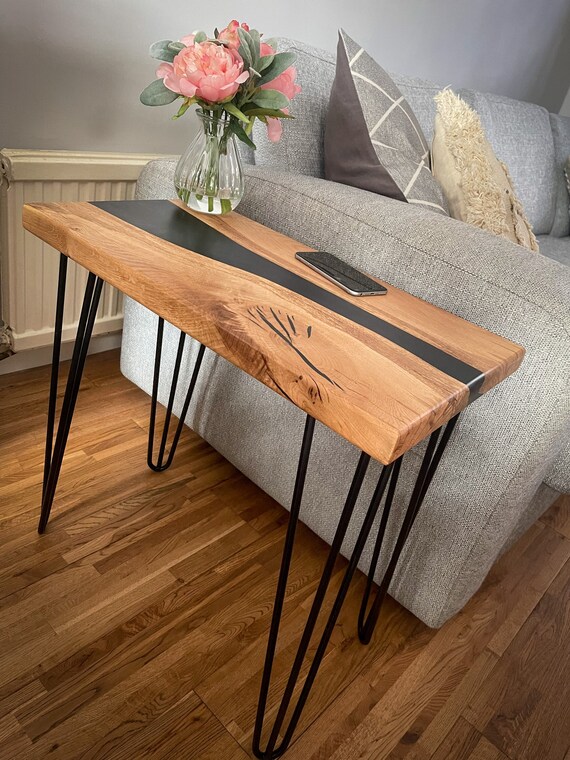 River Side Table Made With Oak Wood and Black Epoxy / Solid Wood 