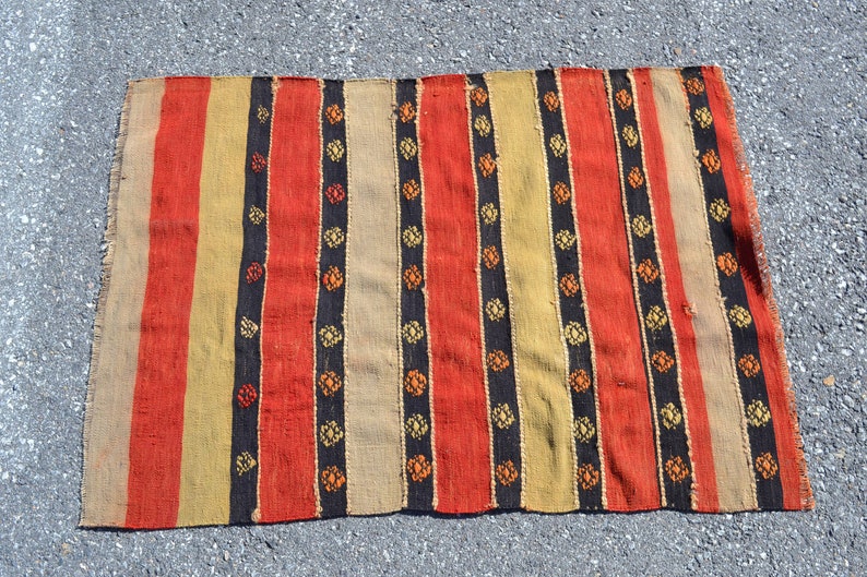 2x3 feet Orange Turkish mat Carpet mat Wool Cotton mat Beige mat Geometric mat Interior design Asymmetric mat Floorcloth mat Flat weave mat