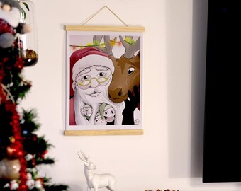 Weihnachtsdekoration - Selfie-Gemälde Weihnachtsmann, Rentier, Elfen / Illustration auf Leinwand