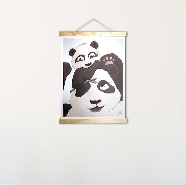 Illustration Panda imprimée sur toile pour décoration chambre enfant, cadre suspendu en bois avec personnalisation du prénom en gravure