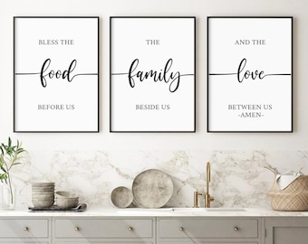 Dining Room Prints, Bless the Food, Family, Love (Set of 3) (Digital Download)