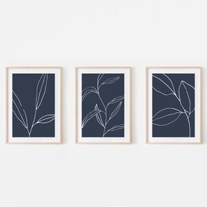 Blue Botanical Print. Set Of 3 Prints. Floral Line Drawing. Navy Blue Wall Art. Indigo Blue Decor. Botanical Print Set. Botanical Line Art.