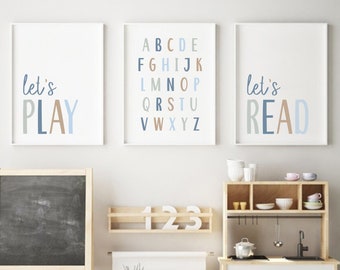 Láminas para sala de juegos, arte mural con el abecedario, ¡A jugar!, ¡A leer! (Descarga digital)