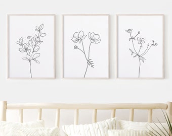 Flower Line Art. Set Of 3 Prints. Flower Print Set. Floral Line Art. Botanical Wall Art. Flower Wall Decor. Living Room Wall Decor.