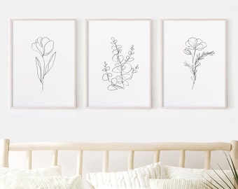 Flower Line Art. Botanical Print Set. Floral Line Art. Flower Prints. Botanical Wall Art. Living Room Wall Decor. Line Art.