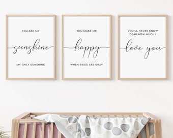 You Are My Sunshine Print. Set Of 3 Prints. Nursery Decor. Nursery Wall Art. New Baby Gift. Baby Nursery Sign. Playroom Decor.