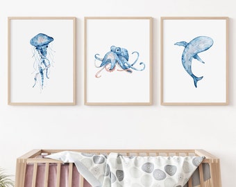 Watercolor Sea Animals Print Set, Nautical Nursery Art
