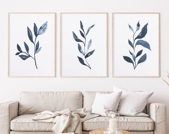 Indigo Blue Botanical Watercolor Prints, Set of 3