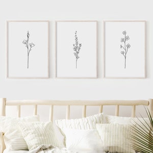 Flower Line Art. Set Of 3 Prints. Botanical Line Art. Line Art Print. Floral Line Drawing. Abstract Flower Print. Living Room Wall Decor.