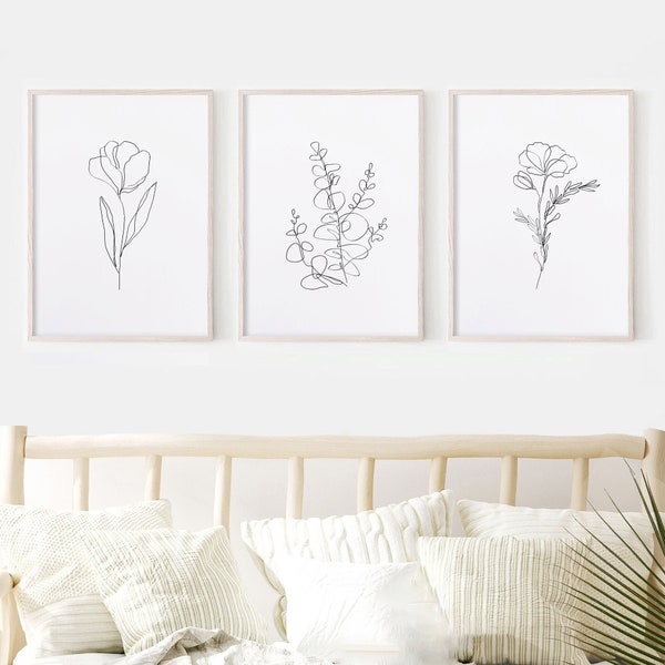 Flower Line Art. Botanical Print Set. Floral Line Art. Flower Prints. Botanical Wall Art. Living Room Wall Decor. Line Art.