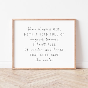 Nursery Quote Print. Baby girl Room Decor. Nursery Wall Art. Nursery Quotes. Here sleeps a girl with a head full of magical dreams Sign.